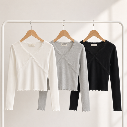 Lace Trim Cross Front Rib Top – Women One Size