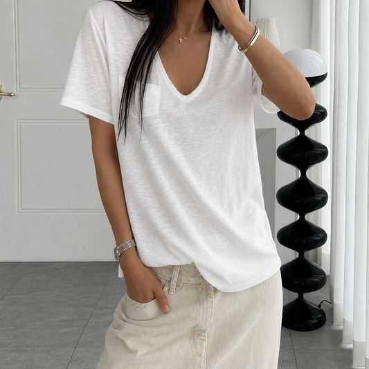 Vintage Slub Cotton Pocket V-neck Tee – Women One Size