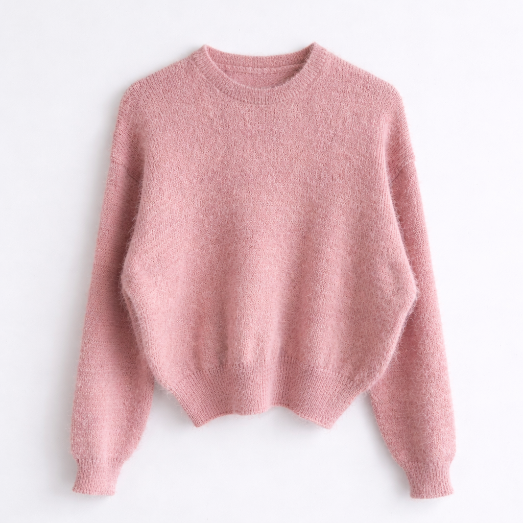 Soft Fuzzy Knit Pullover – Pink, Beige Women One Size