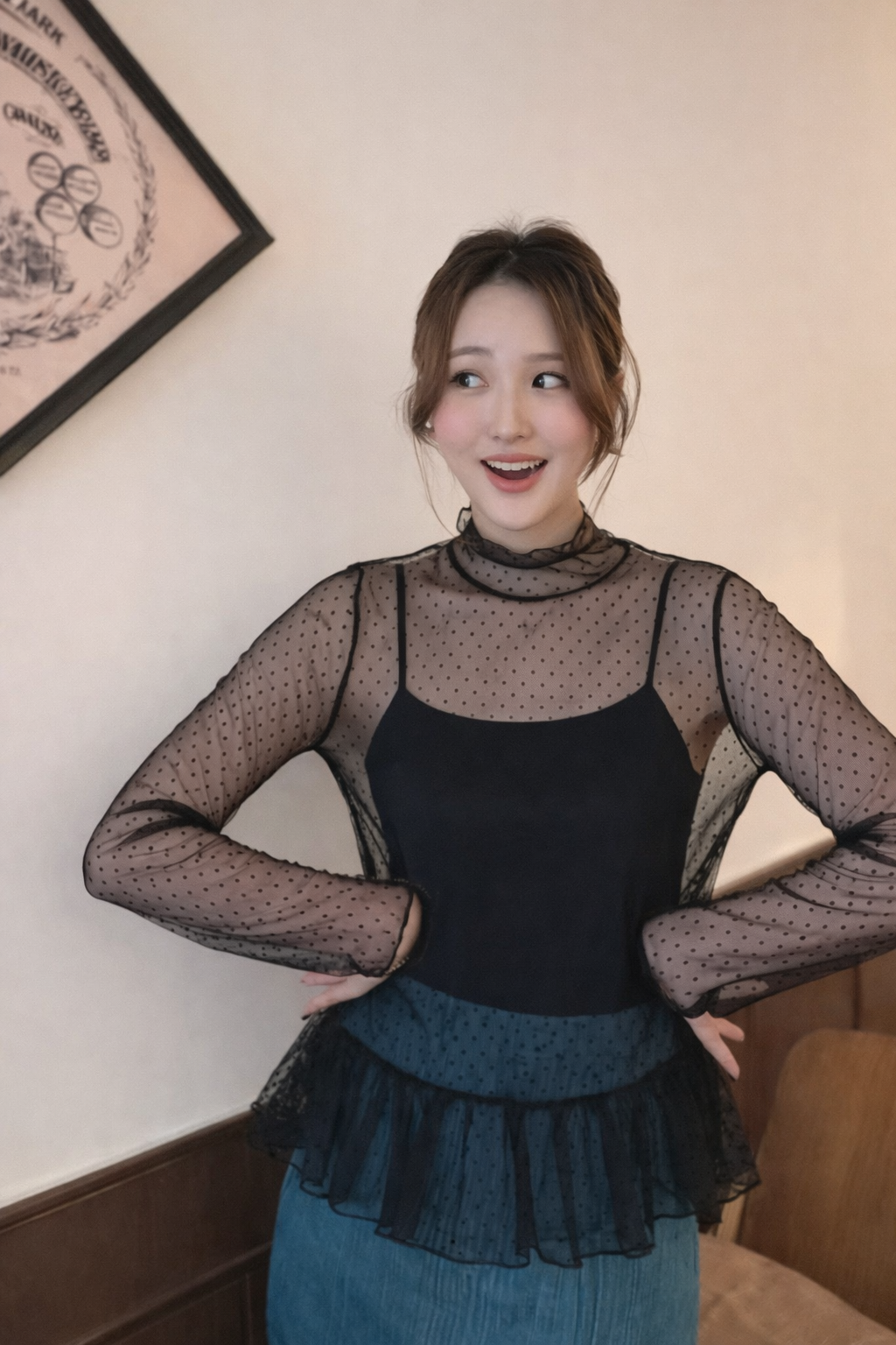 Sheer Polka Dot Ruffle Blouse – Black & White Mesh Layering Top – Women One Size