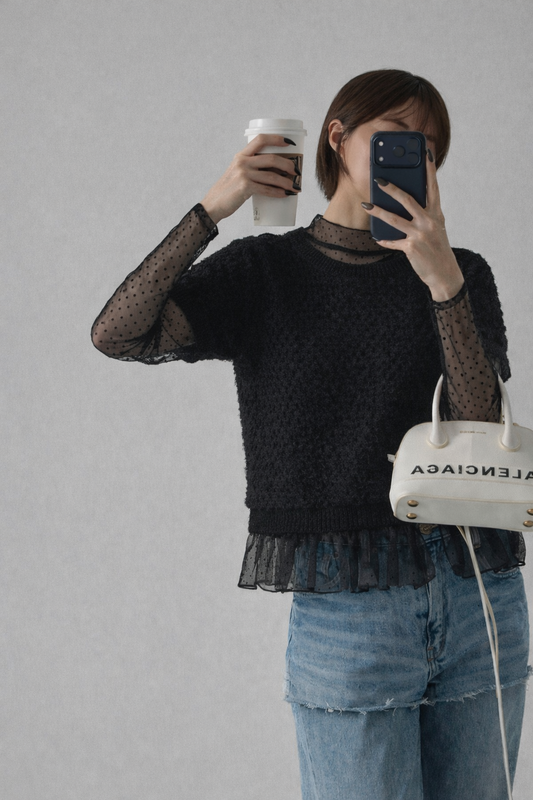 Sheer Polka Dot Ruffle Blouse – Black & White Mesh Layering Top – Women One Size