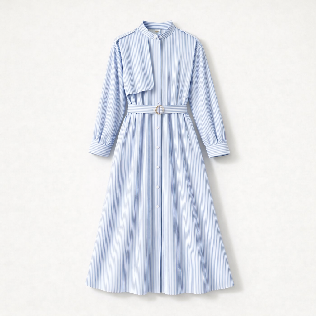 Striped Belted Shirt Dress - Women One Size