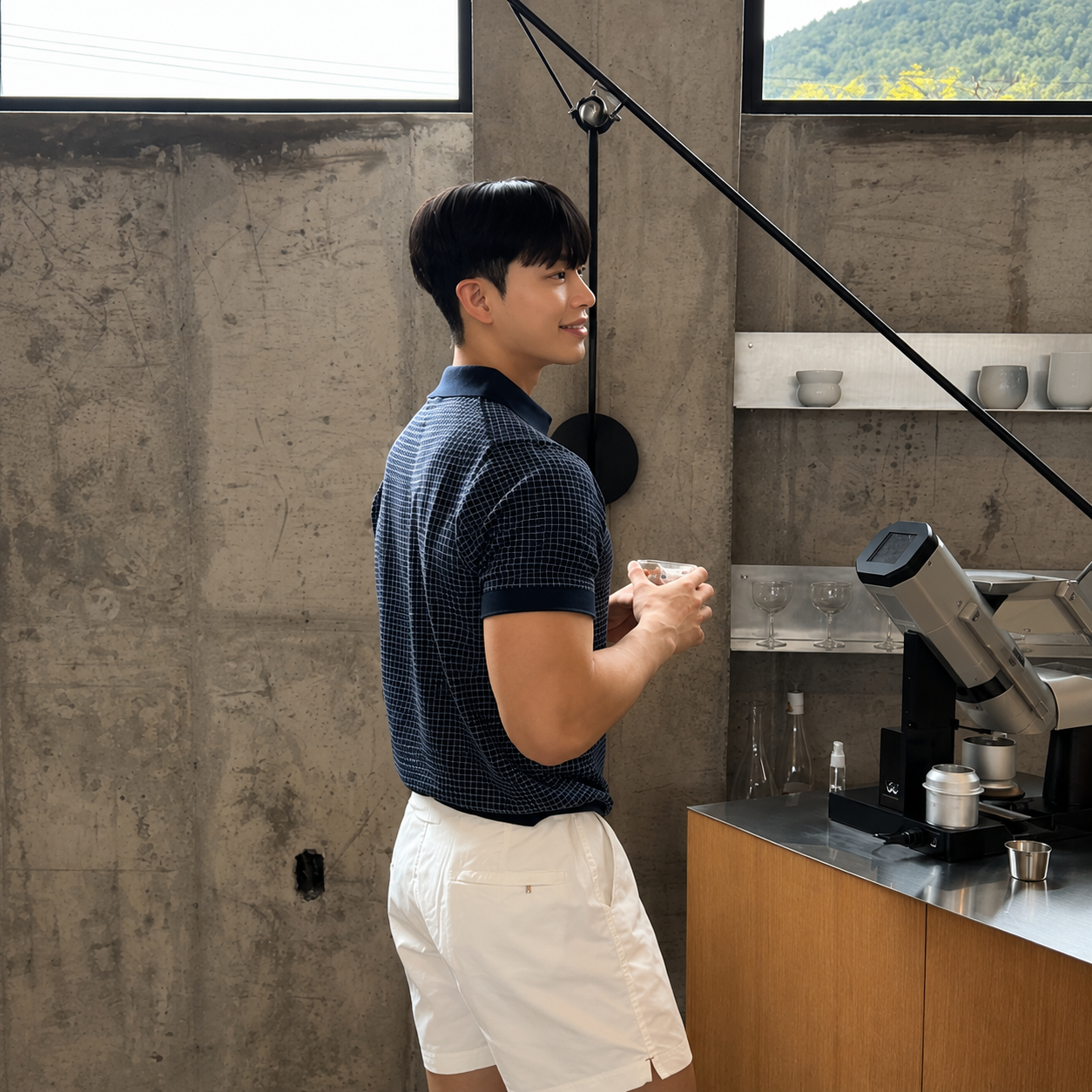 Relaxed Grid Linen Knit Polo - Men M / L