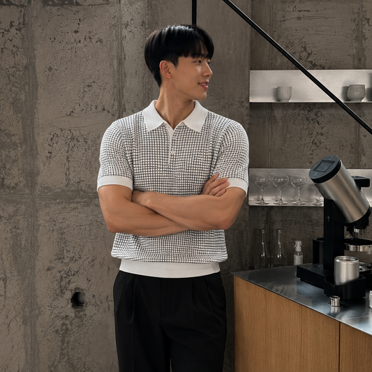 Relaxed Grid Linen Knit Polo - Men M / L