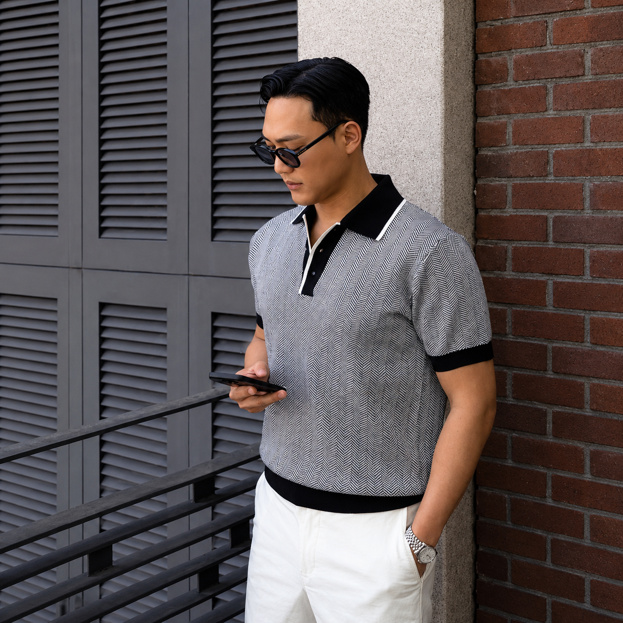 Classic Herringbone Cotton Polo Knit - Men M / L