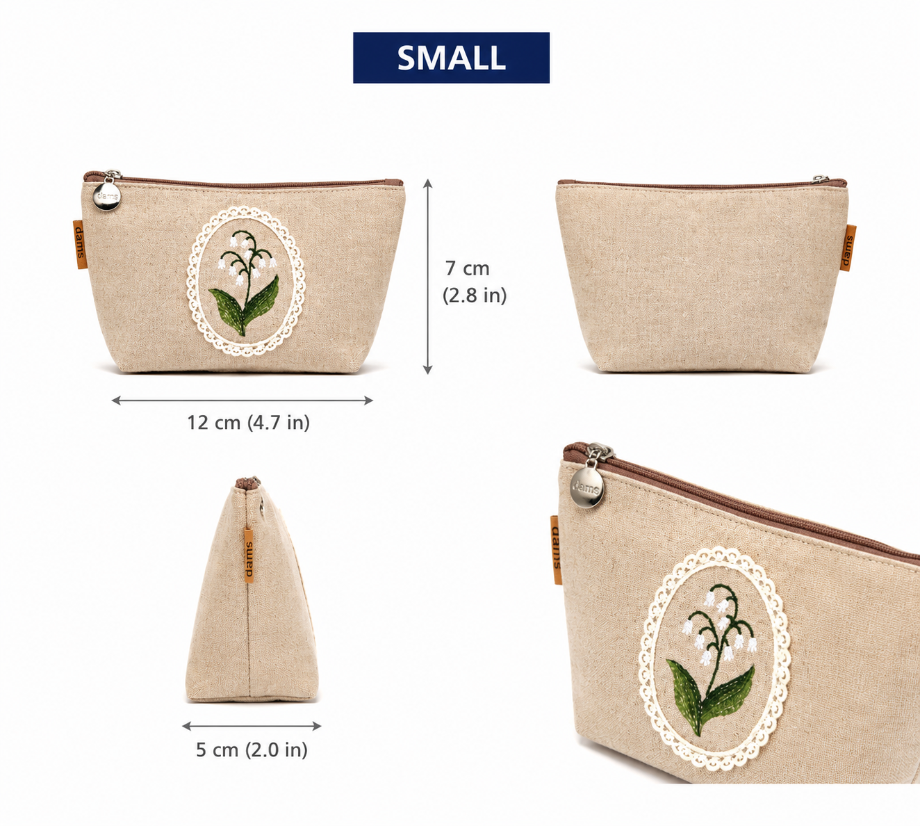 Lily Embroidery Pouch – Linen Blend Zipper Bag (Medium & Large) Made in Korea