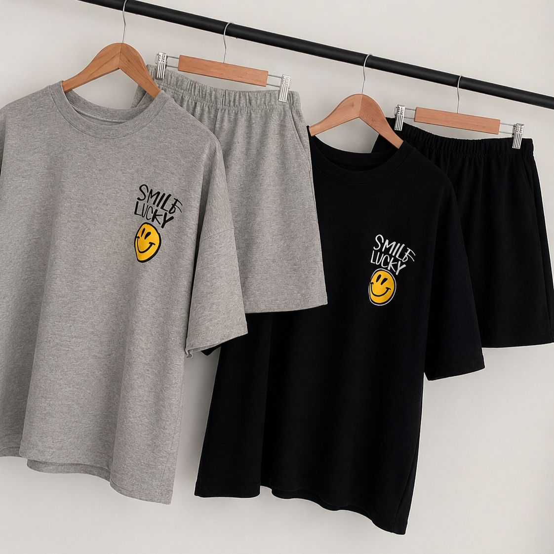 Smile Lucky Cotton Matching Setwear - Oversized Graphic Tee & Shorts - Women One Size