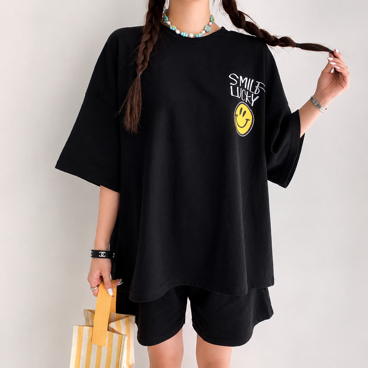 Smile Lucky Cotton Matching Setwear - Oversized Graphic Tee & Shorts - Women One Size