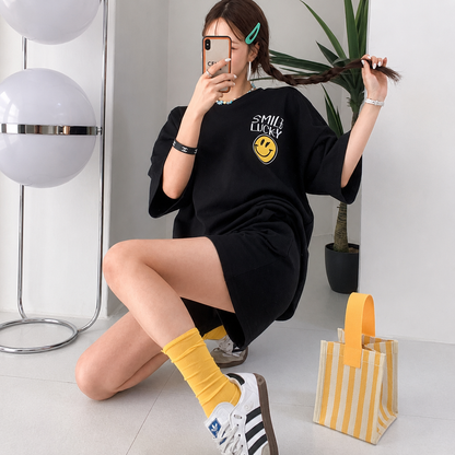 Smile Lucky Cotton Matching Setwear - Oversized Graphic Tee & Shorts - Women One Size
