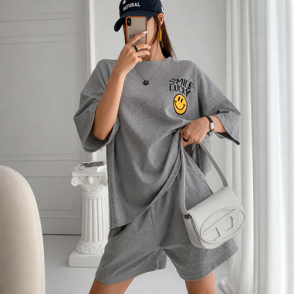Smile Lucky Cotton Matching Setwear - Oversized Graphic Tee & Shorts - Women One Size