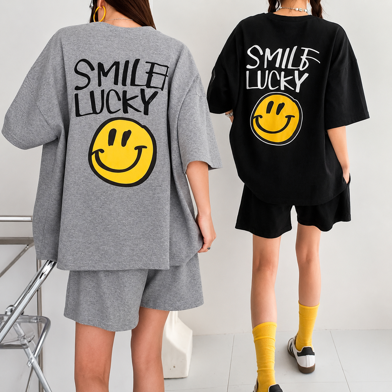 Smile Lucky Cotton Matching Setwear - Oversized Graphic Tee & Shorts - Women One Size