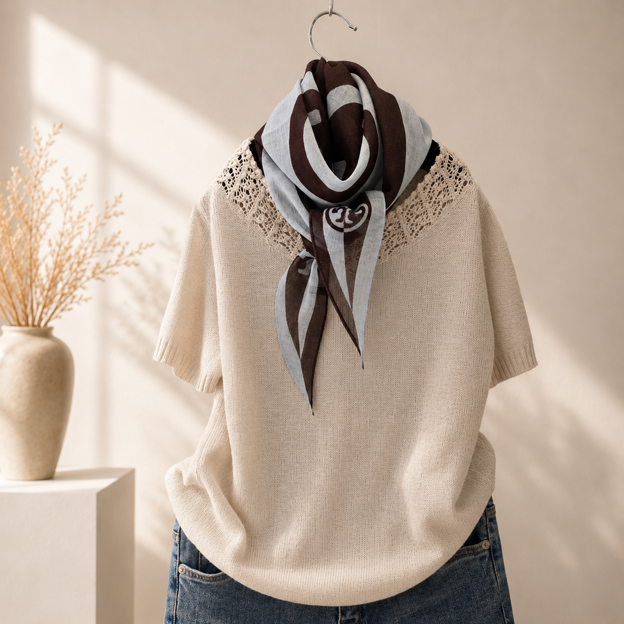 Lightweight Monogram Diamond Scarf – Sheer Linen Blend Fashion Scarf