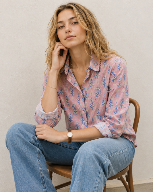 Vintage Floral Print Cotton Blouse Shirt with Crochet Trim Detail - Women One Size