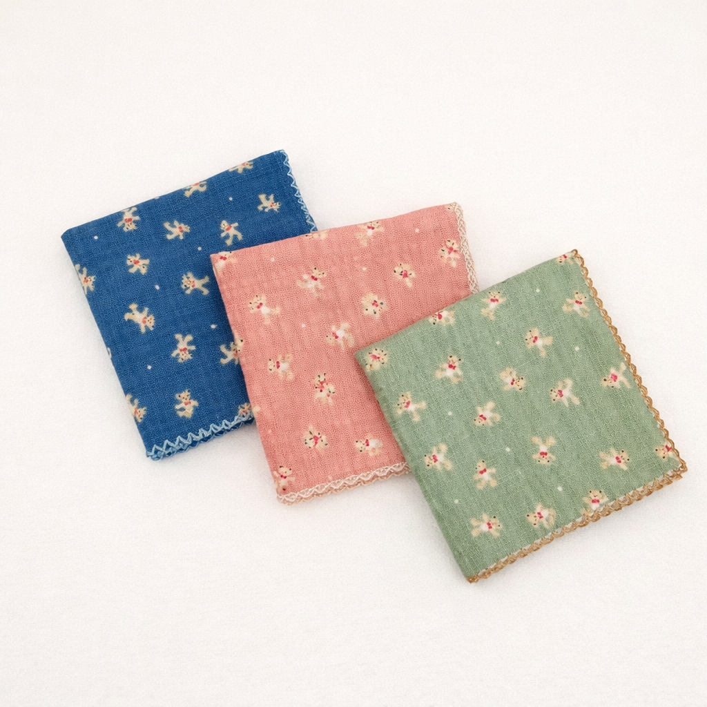 Mini Teddy Print Lace Cotton Handkerchief – Soft Square Petit Scarf