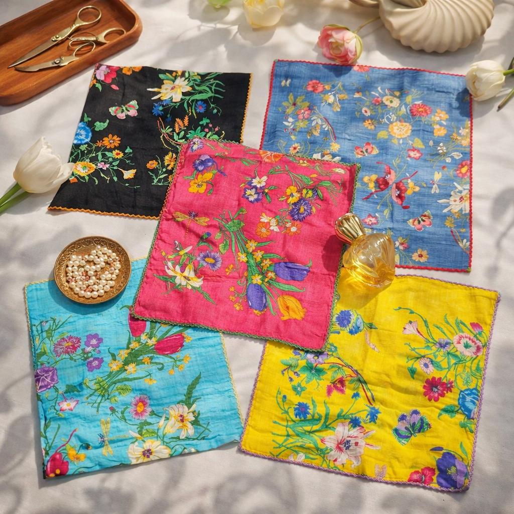 Vintage Garden Floral Lace Cotton Handkerchief – Soft Square Petit Scarf