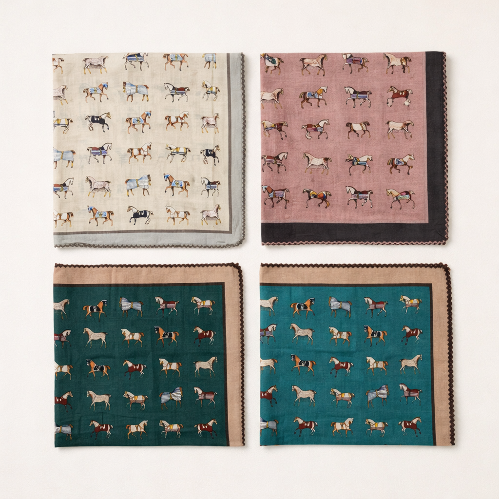 Vintage Equestrian Horse Print Cotton Handkerchief – Soft Square Petit Scarf
