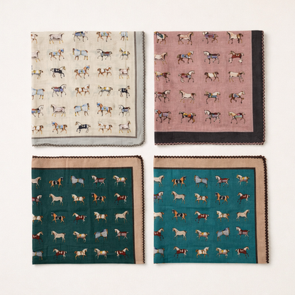 Vintage Equestrian Horse Print Cotton Handkerchief – Soft Square Petit Scarf