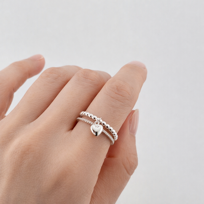 Sterling Silver Beaded Heart Charm Ring