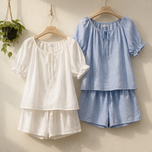 Soft Air Cotton Puff Sleeve Pajama Set – Women One Size