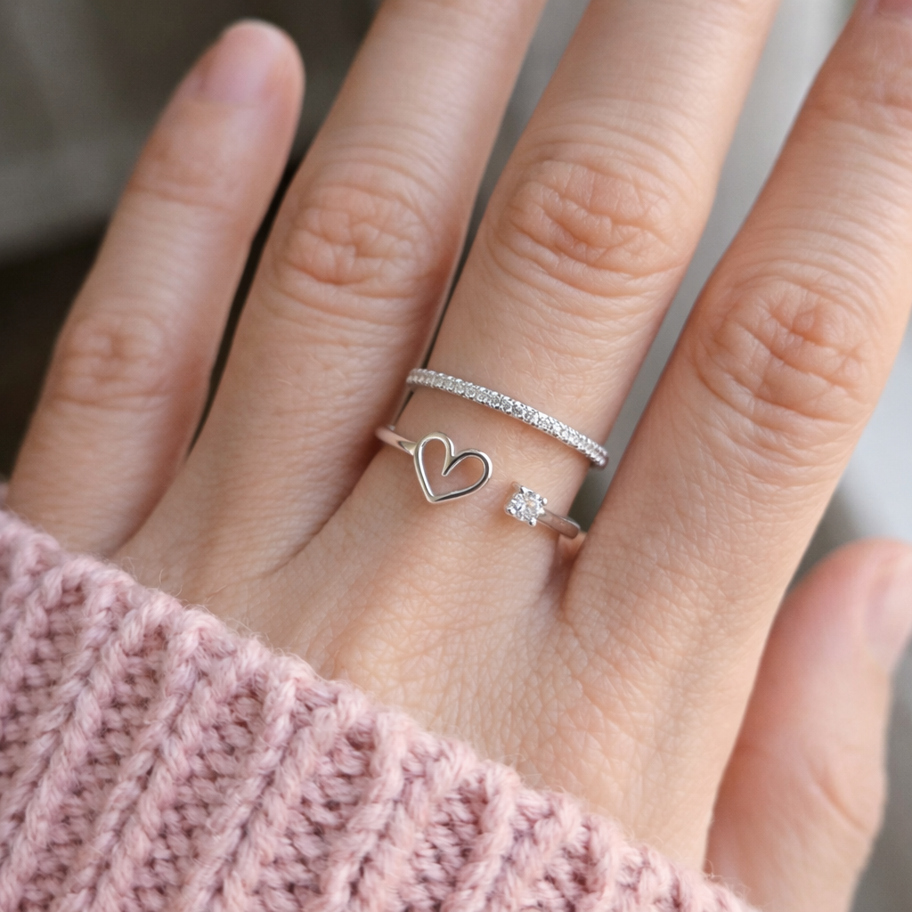 Open Heart Cubic Zirconia Ring in Silver – Free Size
