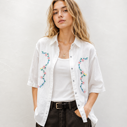 Vintage Floral Embroidery Linen Shirt – Women One Size
