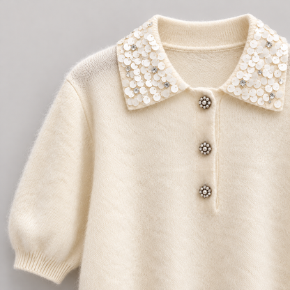 Embellished Collar Wool Cashmere Silk Knit Top - Women One Size