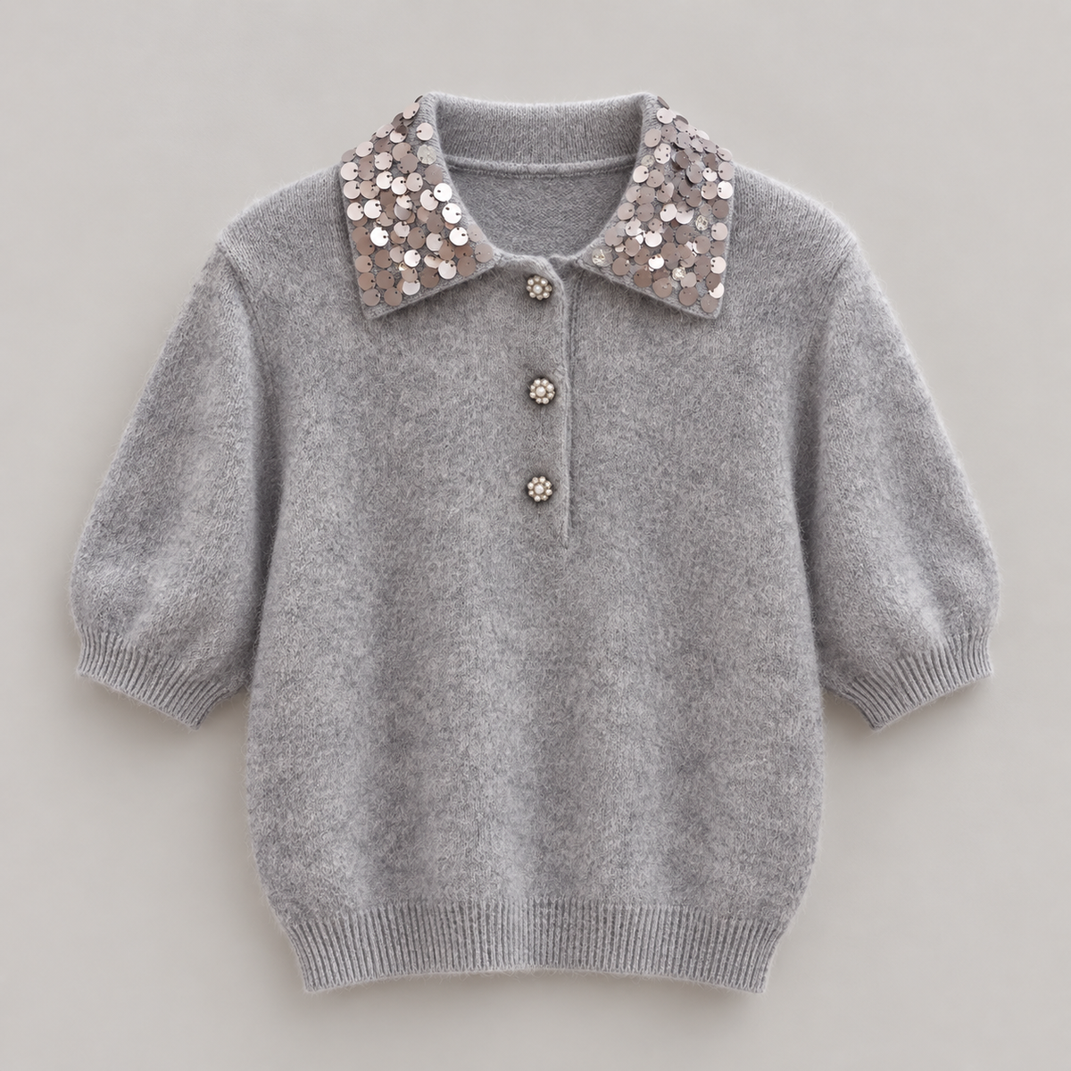 Embellished Collar Wool Cashmere Silk Knit Top - Women One Size