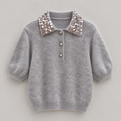 Embellished Collar Wool Cashmere Silk Knit Top - Women One Size