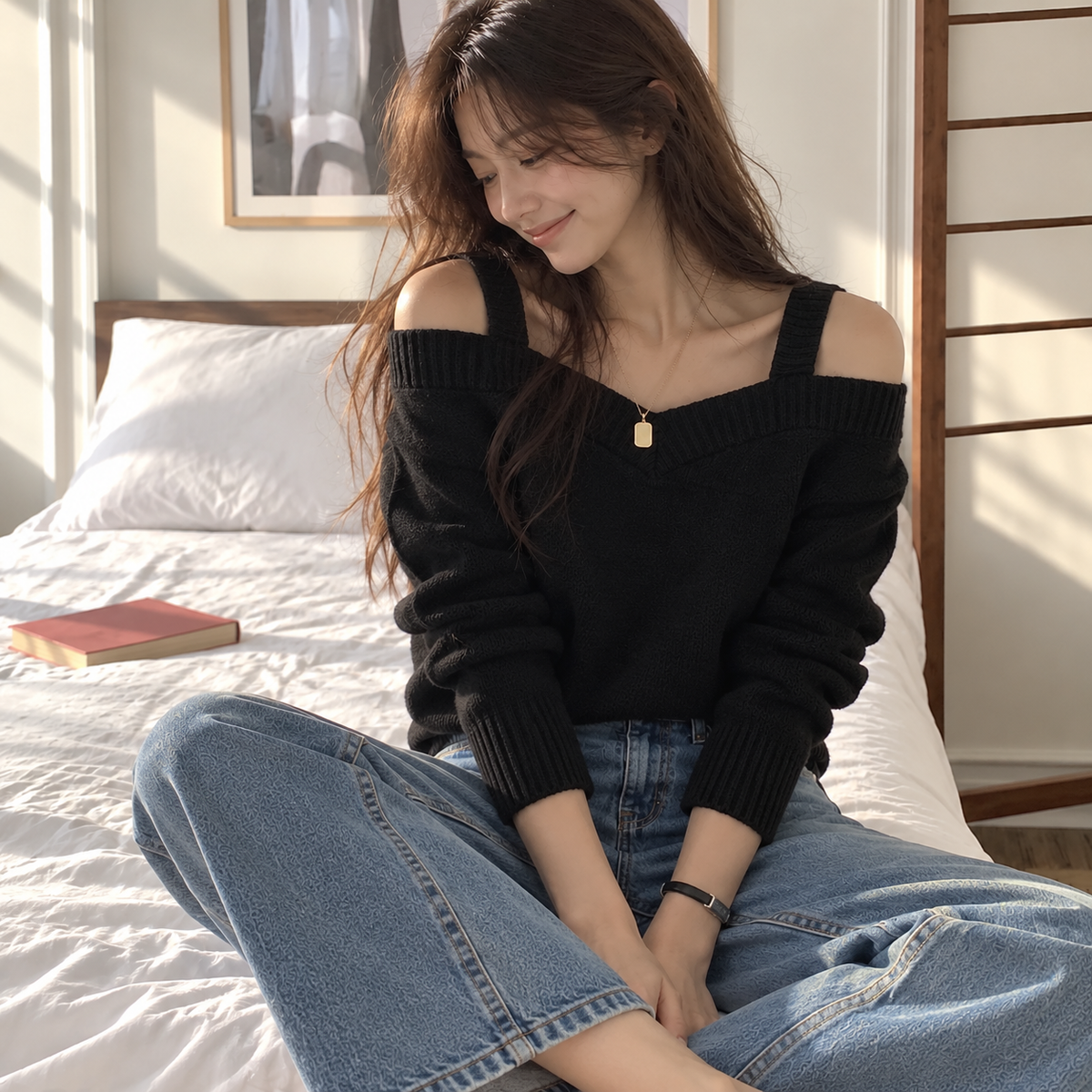 Double Strap Off-Shoulder Knit Top -  Women One Size