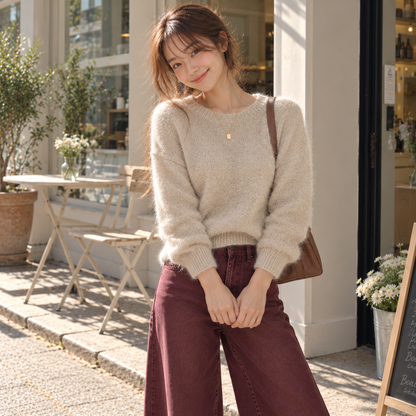 Soft Fuzzy Knit Pullover – Pink, Beige Women One Size