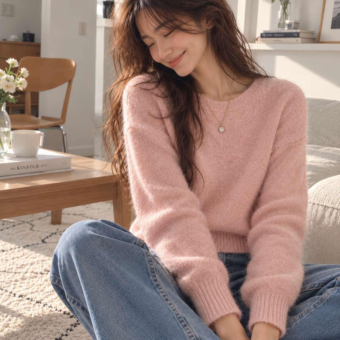 Soft Fuzzy Knit Pullover – Pink, Beige Women One Size