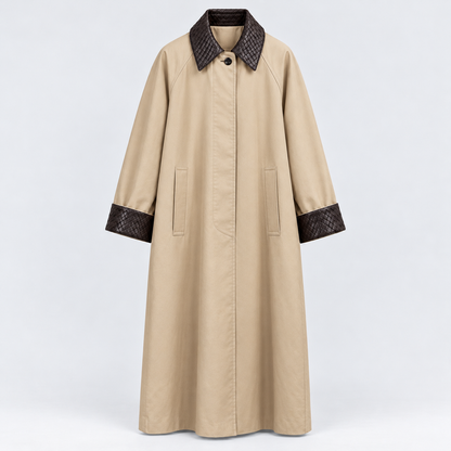 Woven Vegan Leather-Trimmed Long Trench Coat – Women’s One Size