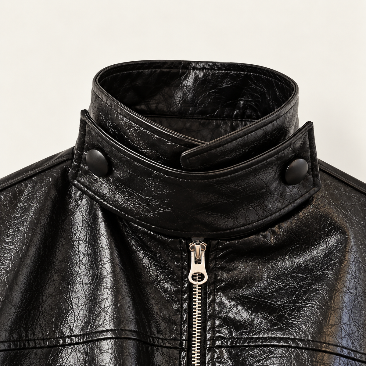 Glossy Crinkle Vegan Leather Convertible Collar Jacket - Women One Size
