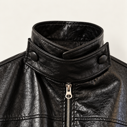 Glossy Crinkle Vegan Leather Convertible Collar Jacket - Women One Size