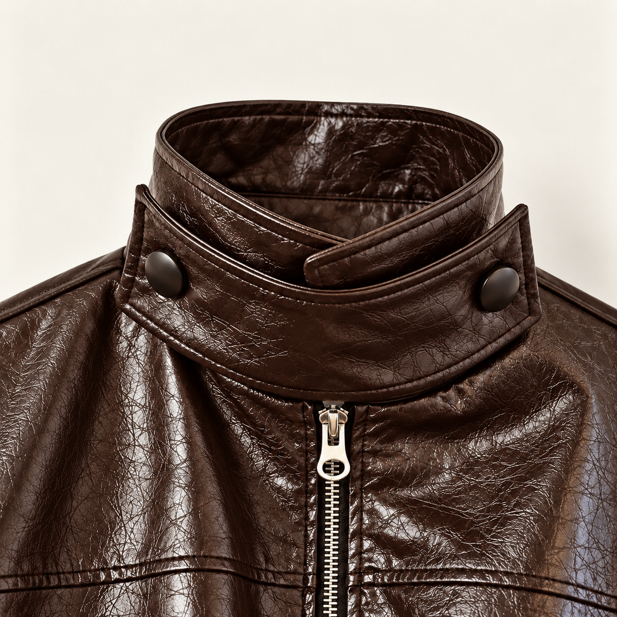 Glossy Crinkle Vegan Leather Convertible Collar Jacket - Women One Size