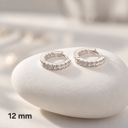 Silver Cubic Zirconia One-Touch Hoop Earrings – 12mm & 15mm