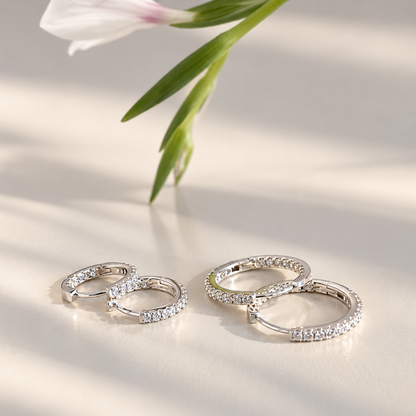 Silver Cubic Zirconia One-Touch Hoop Earrings – 12mm & 15mm