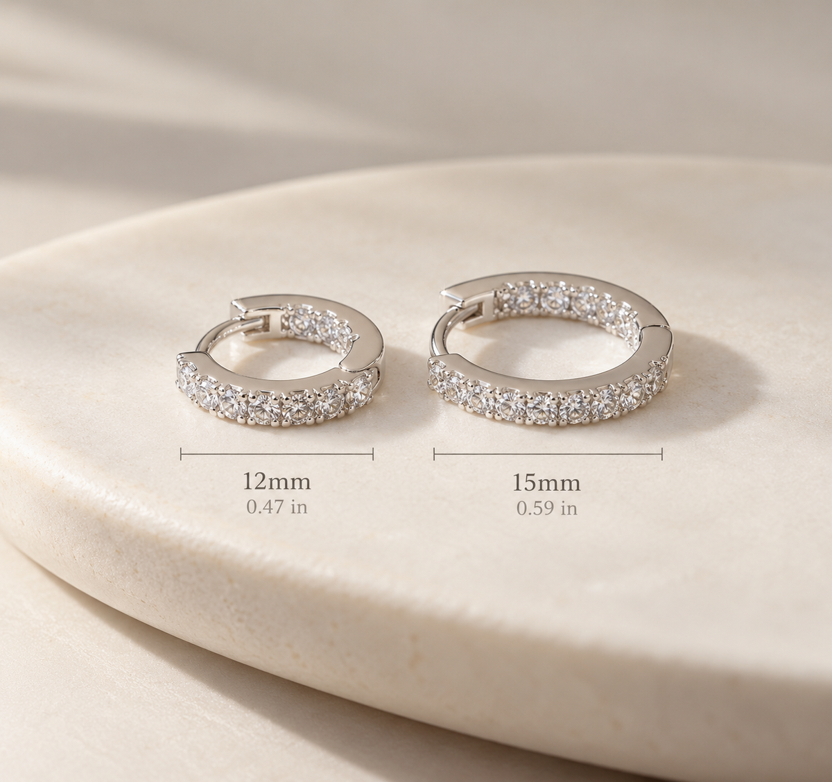 Silver Cubic Zirconia One-Touch Hoop Earrings – 12mm & 15mm