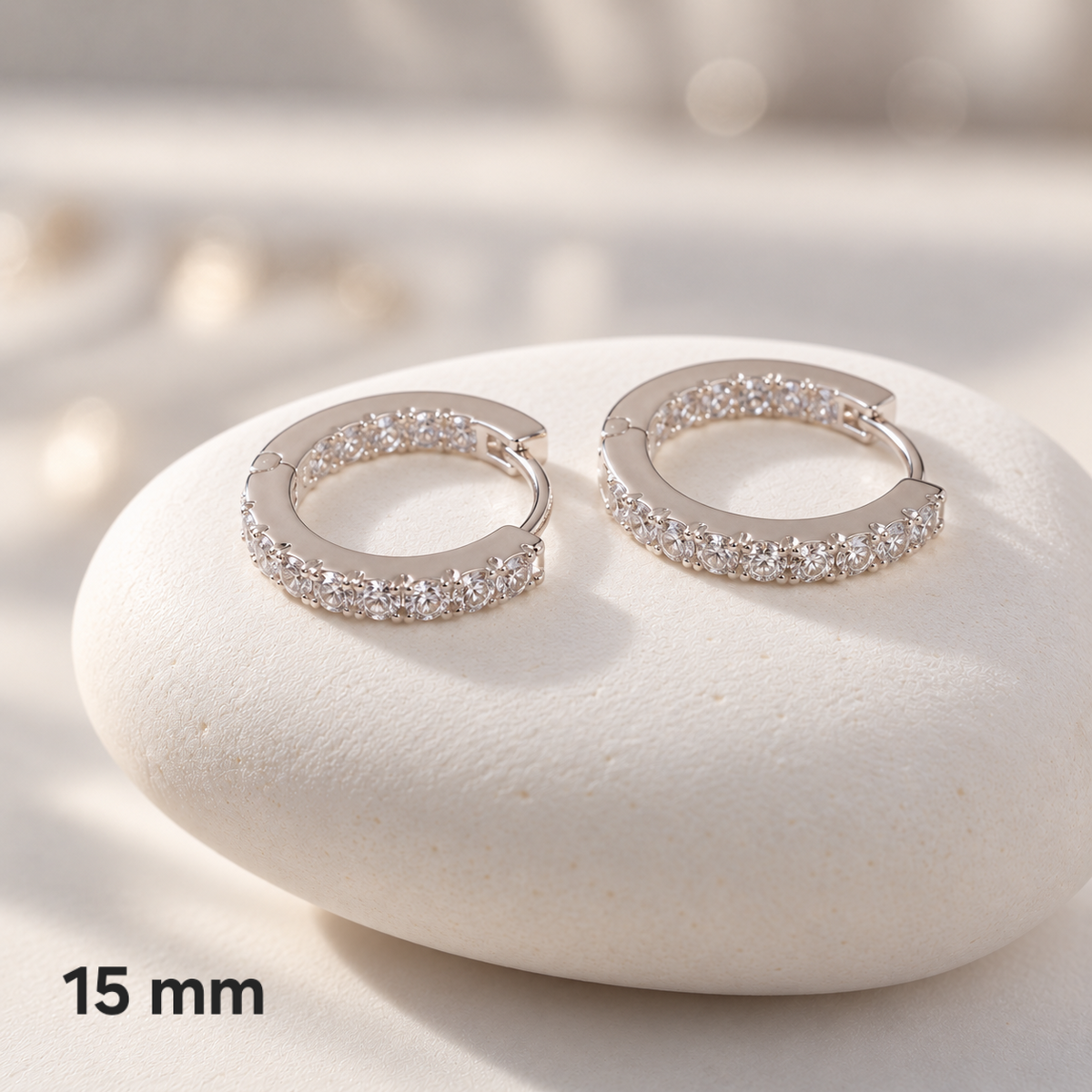 Silver Cubic Zirconia One-Touch Hoop Earrings – 12mm & 15mm