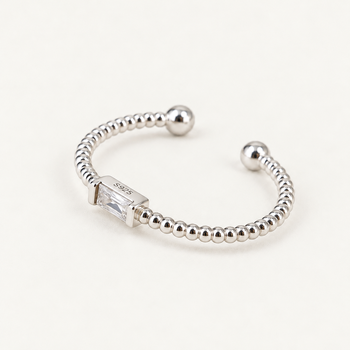 Modern Baguette Cubic Zirconia Sterling Silver Ring - Free Size