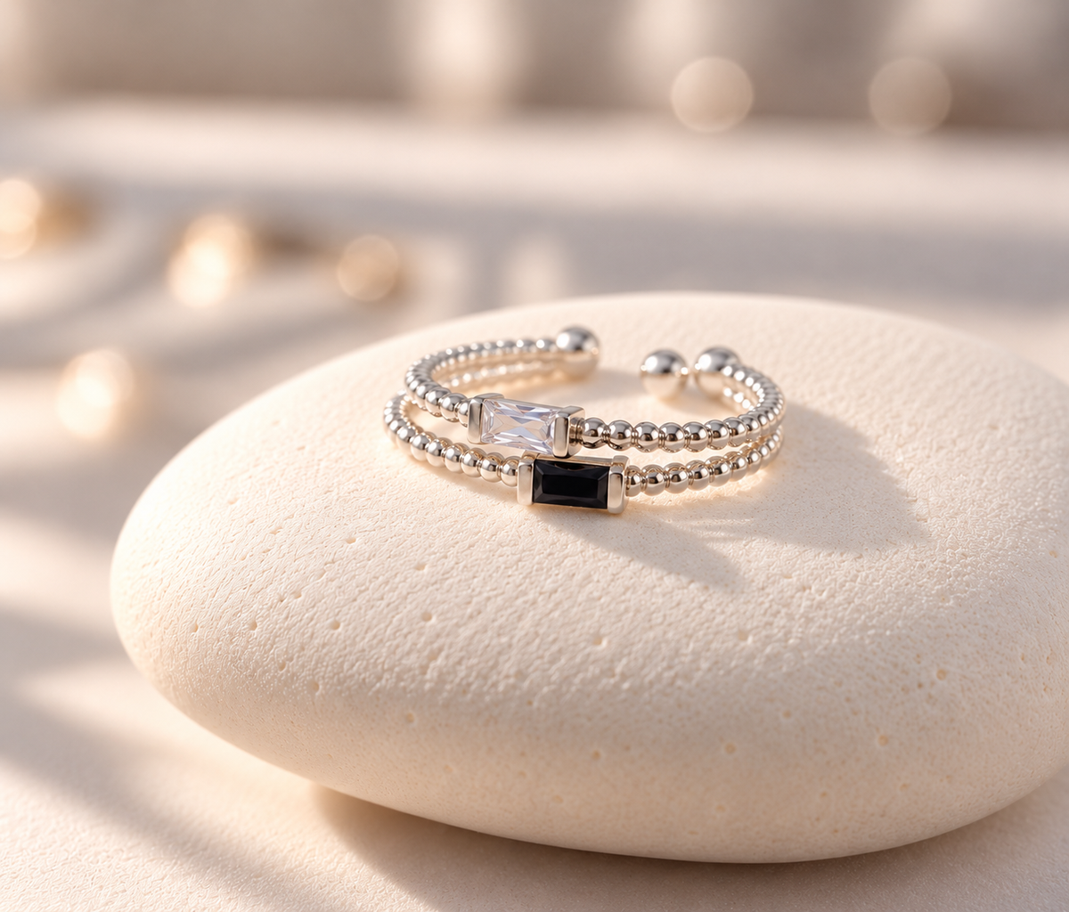 Modern Baguette Cubic Zirconia Sterling Silver Ring - Free Size