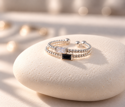 Modern Baguette Cubic Zirconia Sterling Silver Ring - Free Size