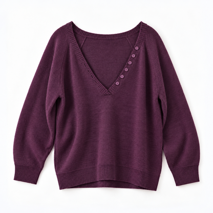 Relaxed Deep V-Neck Button Detail Knit Sweater - Women One Size