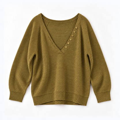 Relaxed Deep V-Neck Button Detail Knit Sweater - Women One Size