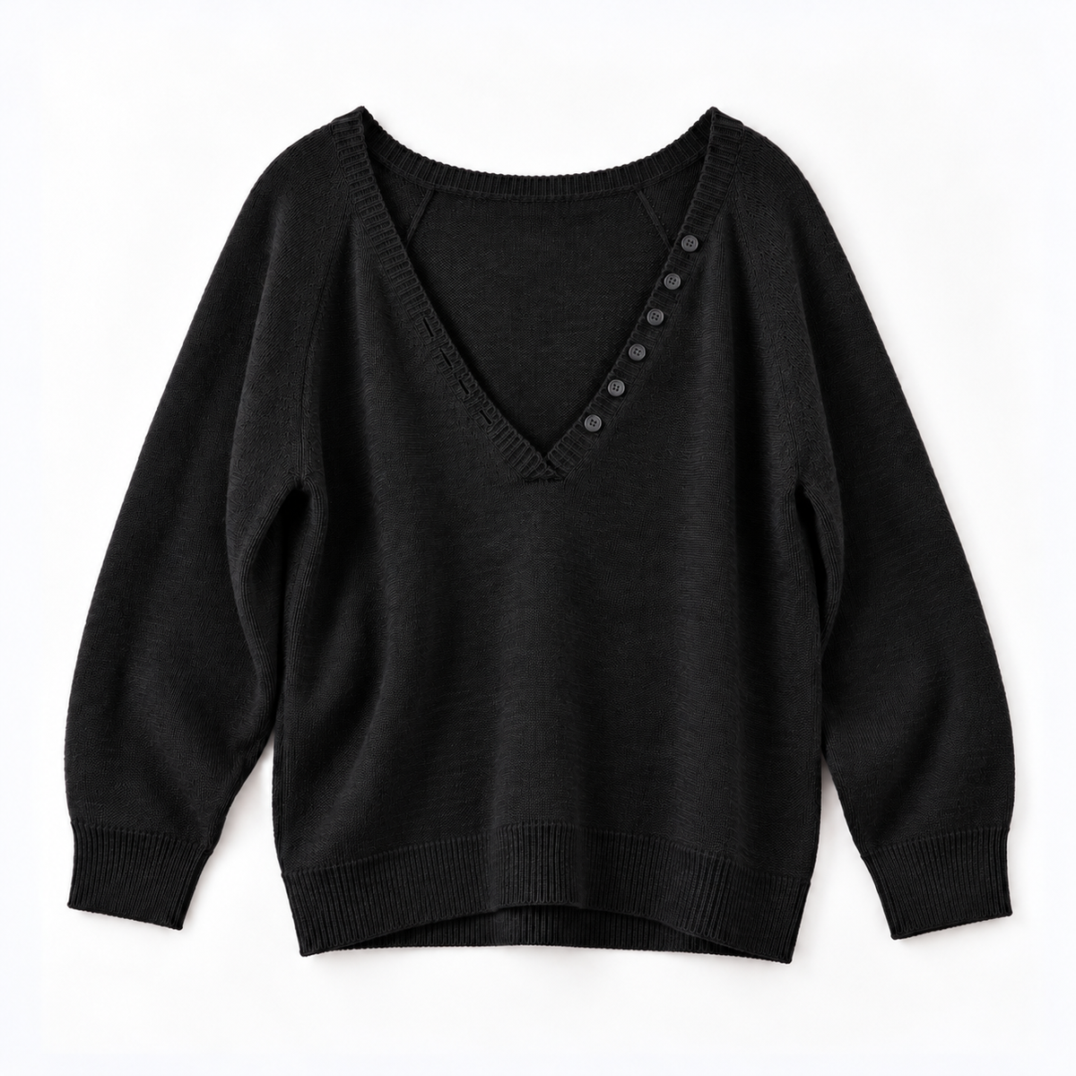 Relaxed Deep V-Neck Button Detail Knit Sweater - Women One Size