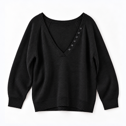 Relaxed Deep V-Neck Button Detail Knit Sweater - Women One Size