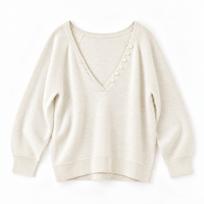 Relaxed Deep V-Neck Button Detail Knit Sweater - Women One Size
