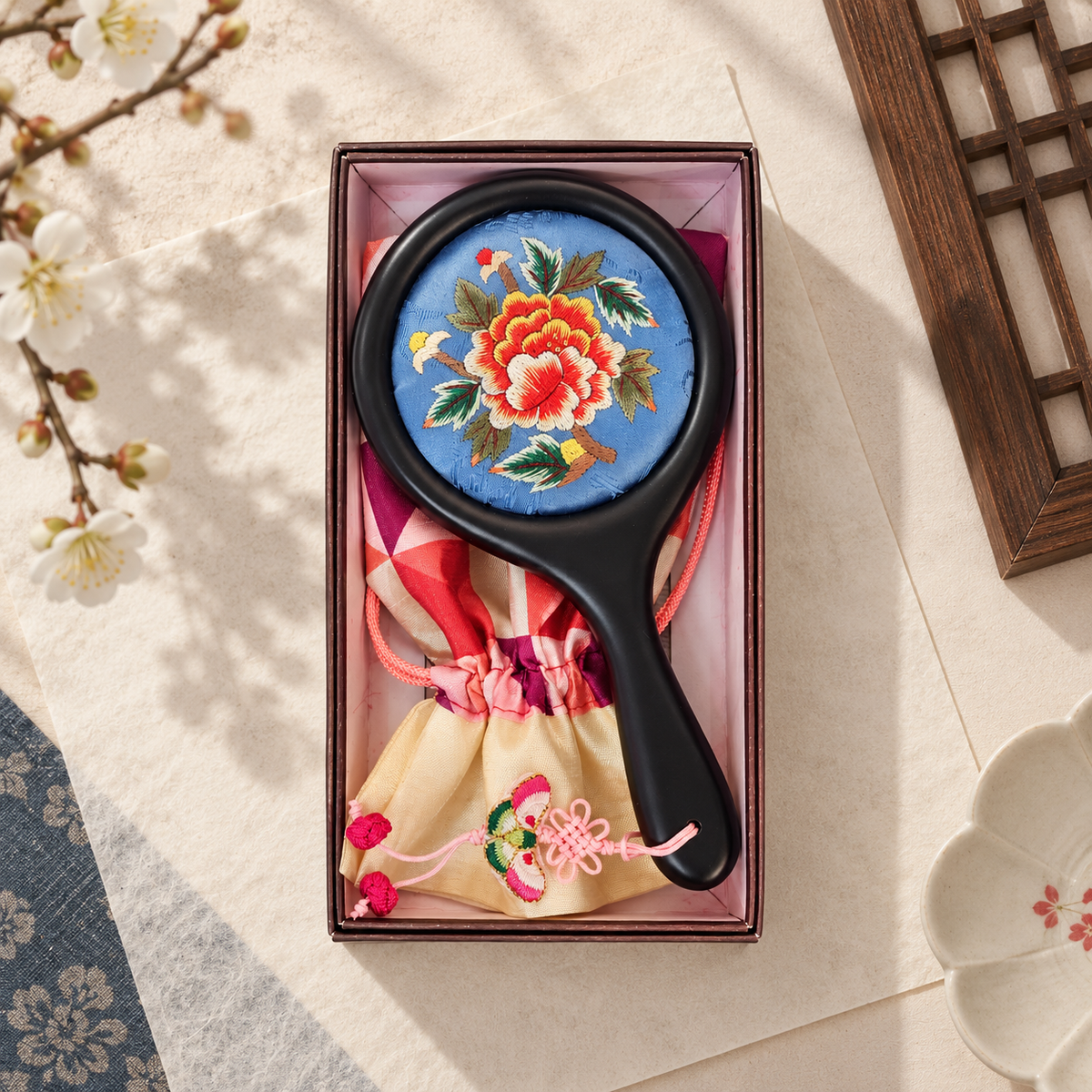 Korean Floral Embroidered Hand Mirror with Pouch