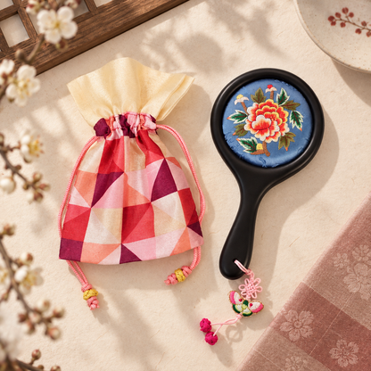 Korean Floral Embroidered Hand Mirror with Pouch