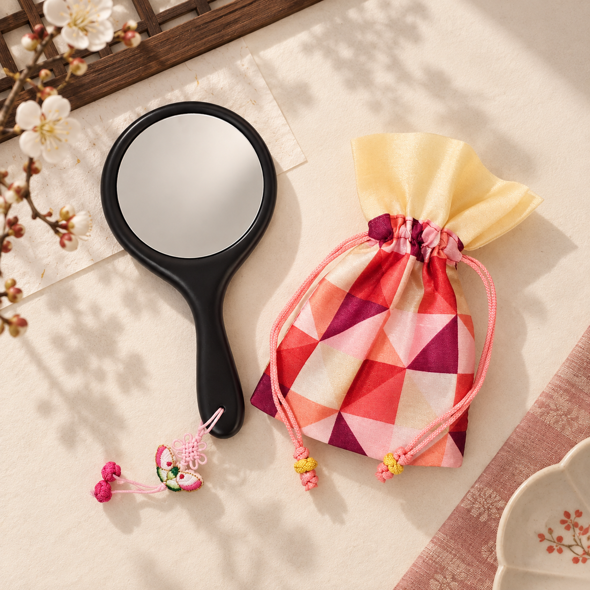 Korean Floral Embroidered Hand Mirror with Pouch